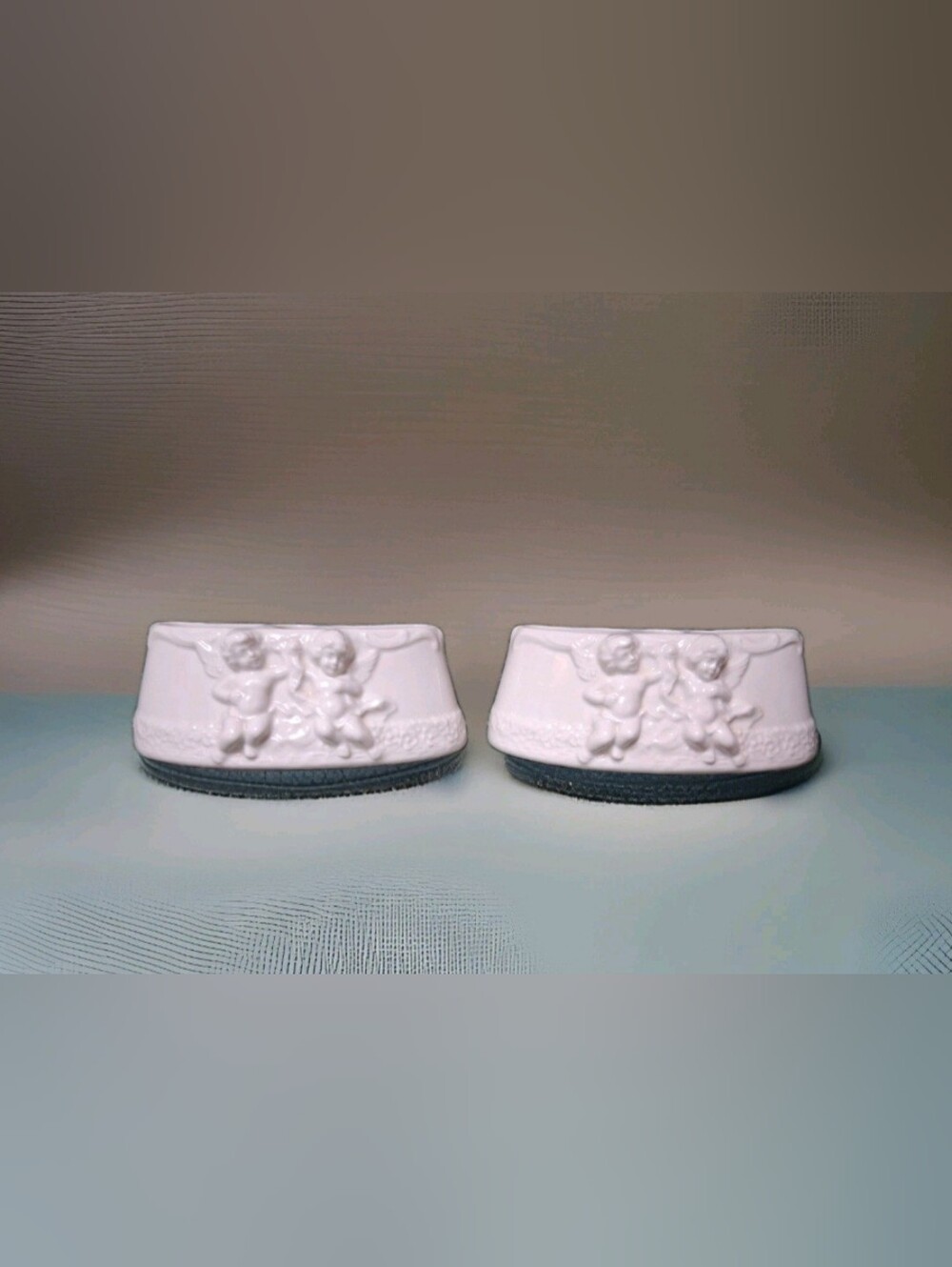 Vintage Set 2 Dresden White Porcelain Cherub Flower Frog Centerpieces